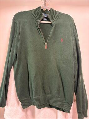 Ralph Lauren Forest Green Quarter-Zip Cotton Sweater with Pink Pony